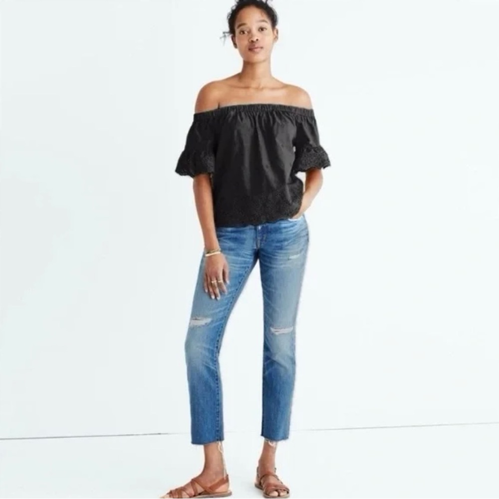 Madewell Eyelet Off-the-Shoulder Ruffled Short Sleeve Top in Black Size Large‎